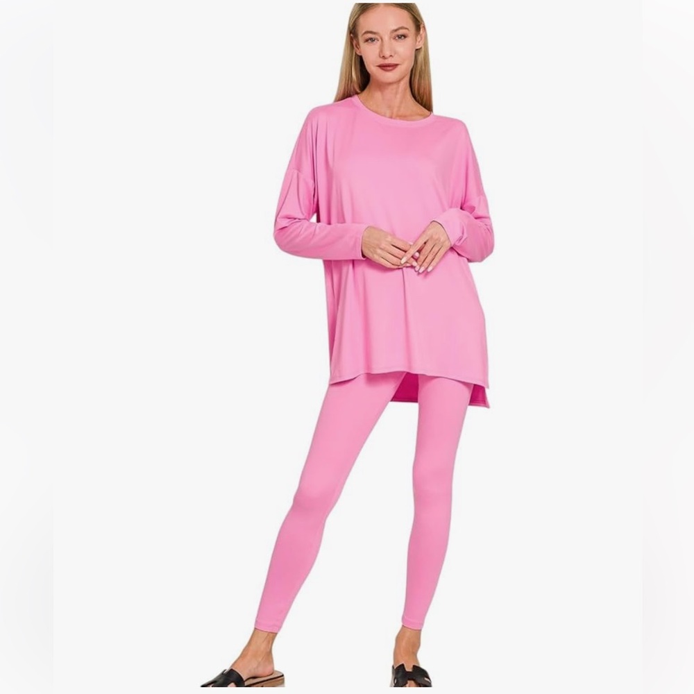 Zenana lounge all day crew long sleeve brushed microfiber set candy pink xl